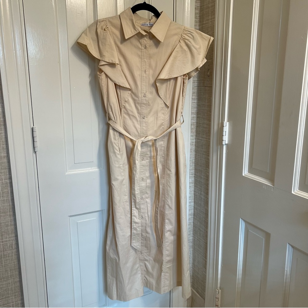 Anna Rae Midi Dress Button Down Collared Tie Waist XS Tan ruffle short sleeve